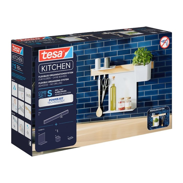 tesa Küchen-Organizer Kombi Set S weiß 60,0 x 15,0 x 34,0 cm, 1 Set