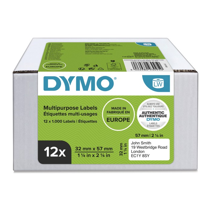 DYMO Etikettenrollen für Etikettendrucker S0722540 weiß, 57,0 x 32,0 mm, 12 x 1000 Etiketten