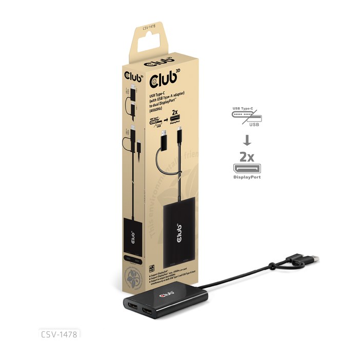 Club3D Adapter USB-C (USB A Adapter) > 2x DP 4K@60Hz St/Bu retail