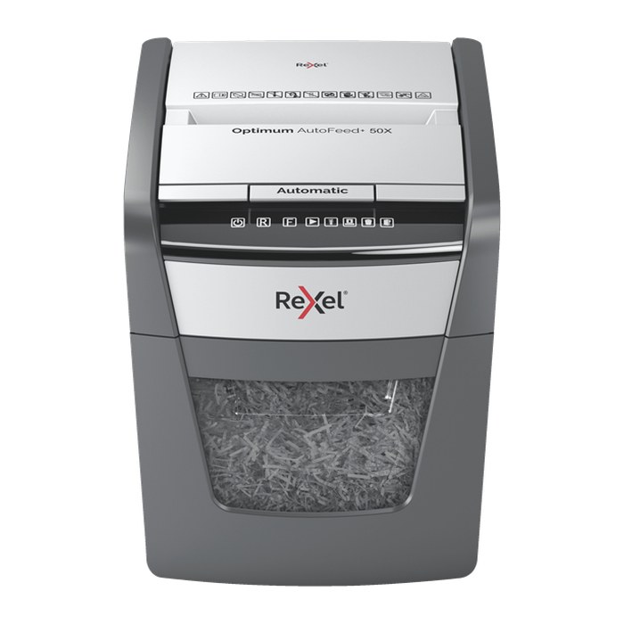 AKTION: Rexel Optimum AutoFeed+ 50X Aktenvernichter mit Partikelschnitt P-4, 4 x 28 mm, bis 50 Blatt, schwarz mit 20 Euro CashBack