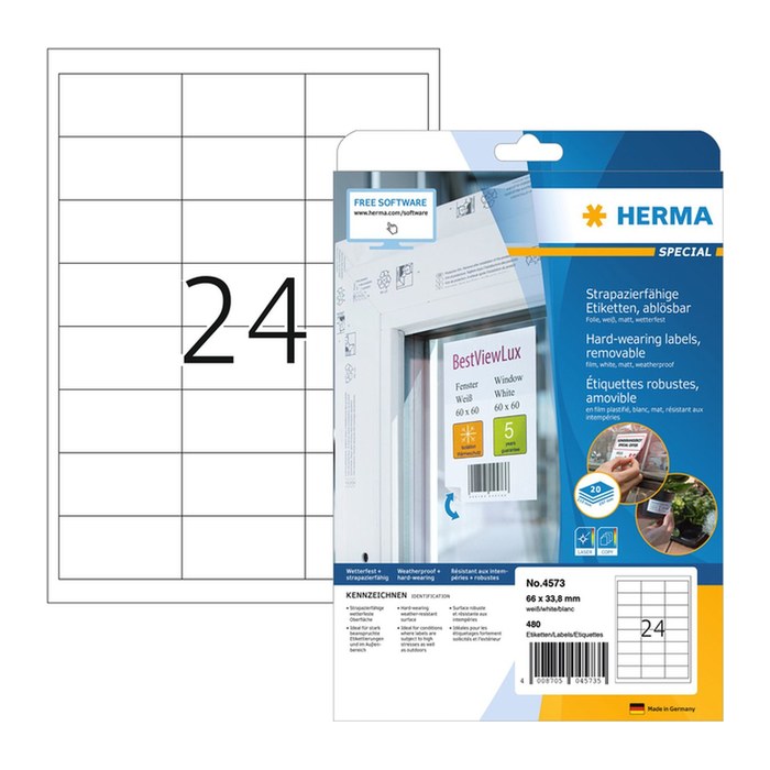 HERMA wetterfeste Folienetiketten 4573 weiß 66,0 x 33,8 mm, 20 Blatt