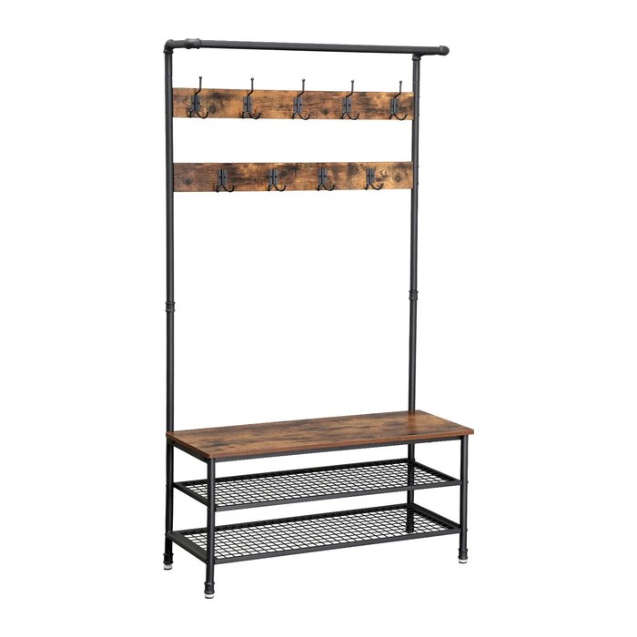 VASAGLE Garderobenbank mit Haken und Schuhrost HSR47BX braun Holz 100,0 cm
