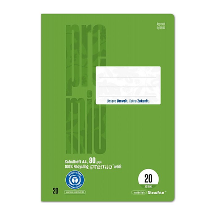 Staufen® Schulheft Premio Lineatur 20 blanko DIN A4 ohne Rand, 16 Blatt, 1 St.