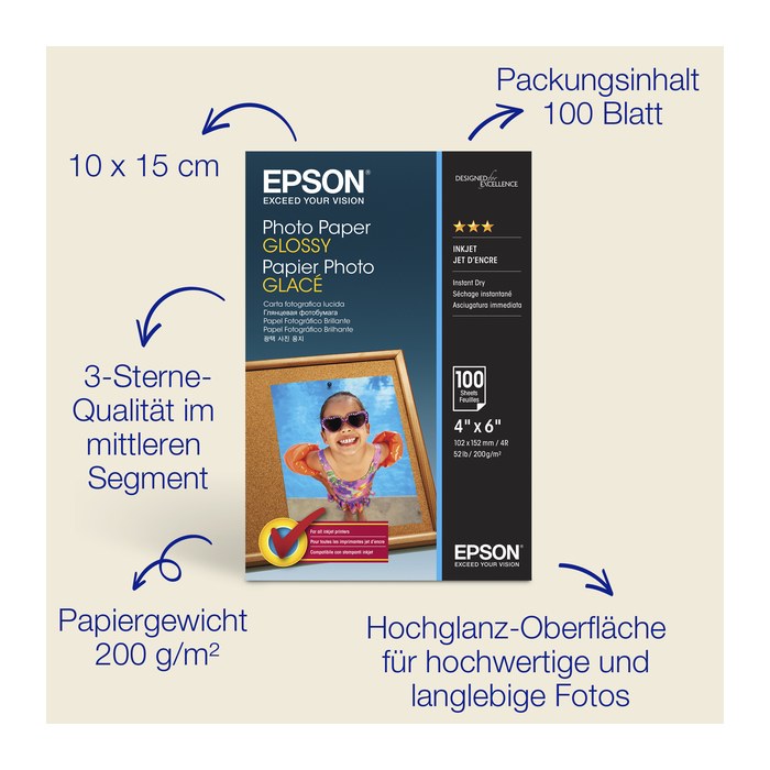 EPSON Fotopapier S042548 10,0 x 15,0 cm glänzend 200 g/qm 100 Blatt
