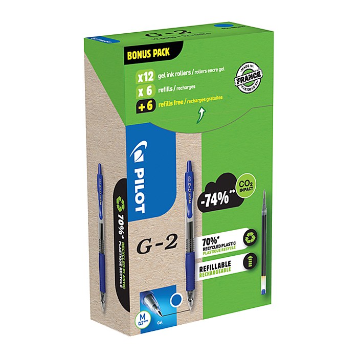 AKTION: PILOT G2 Greenpack Gelschreiber-Set blau/transparent 0,4 mm, Schreibfarbe: blau, 1 Set + GRATIS 6 Gelschreiberminen