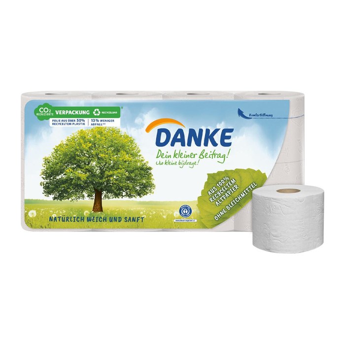 DANKE Toilettenpapier 3-lagig Recyclingpapier, 8 Rollen