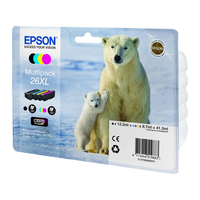 EPSON 26XL / T2636XL (Eisbär) schwarz, cyan, magenta, gelb Druckerpatronen, 4er-Set