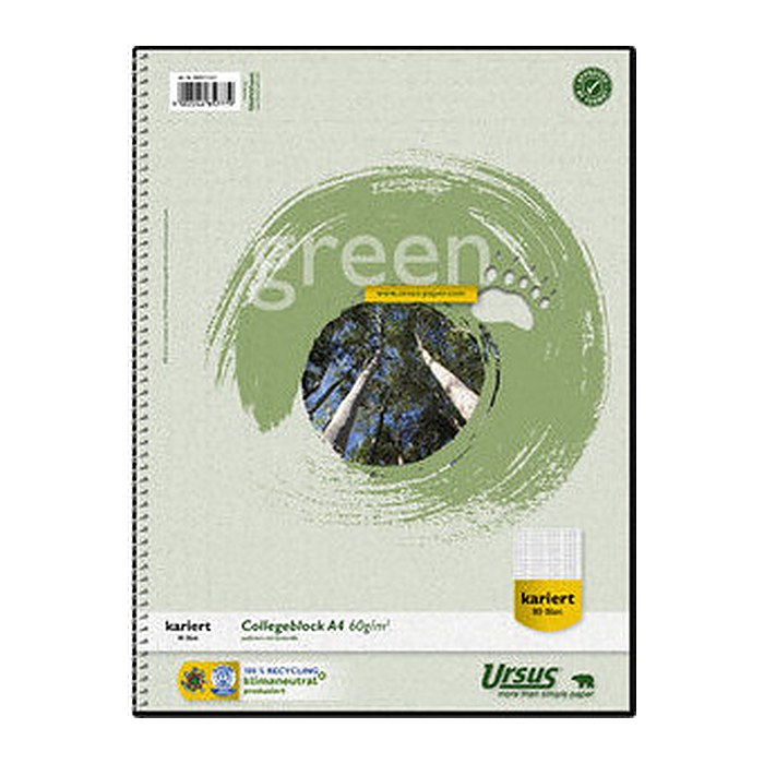 Ursus® Collegeblöcke green kariert DIN A4 ohne Rand, 1 Block