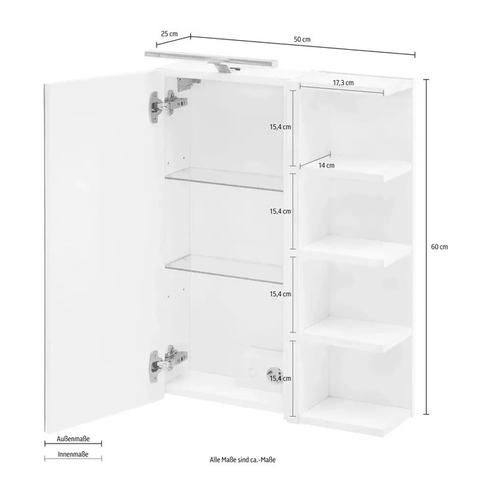 MÖBELPARTNER Spiegelschrank Matteo 156967 kreideweiß 50,0 x 16,0 x 76,0 cm