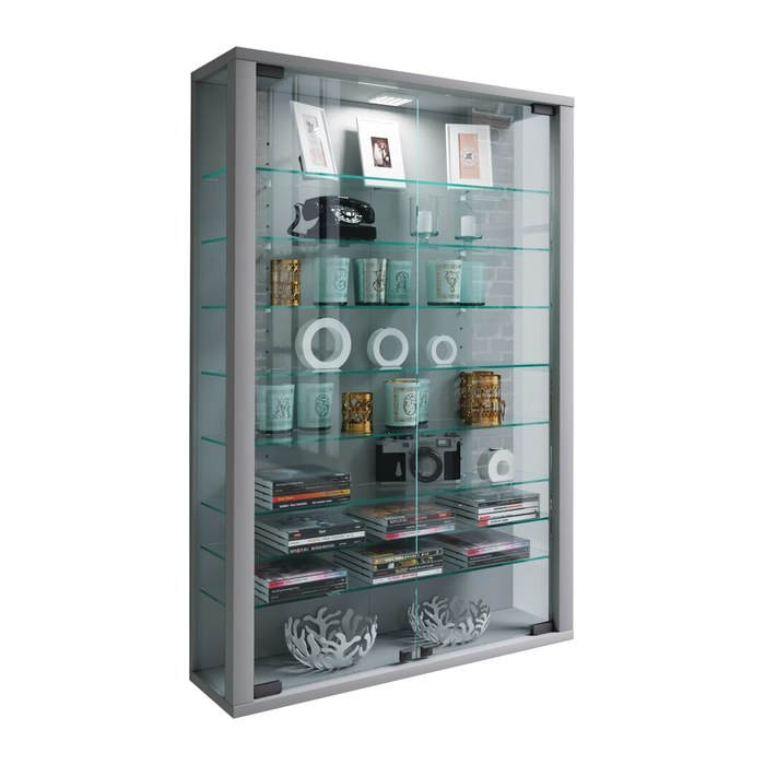 VCM my home Vitrosa Mini Vitrine silber 8 Fachböden mit Beleuchtung