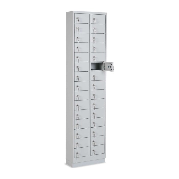 Stahl-Wertfachschrank – 30 Fächer – Lichtgrau