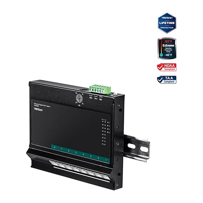 TRENDnet Industrial Switch 8-Port Gbit PoE+ WallM. FrontAcc