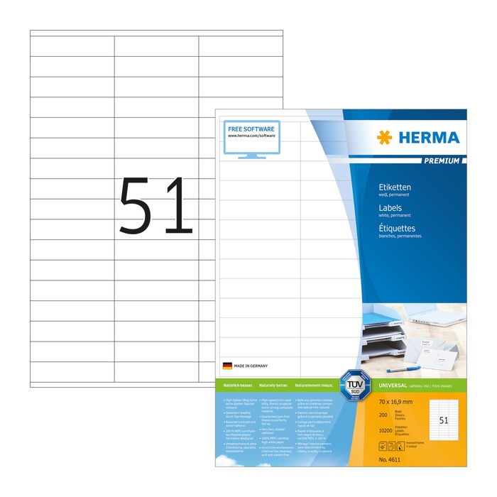 HERMA Etiketten 4611 weiß 70,0 x 16,9 mm, 200 Blatt