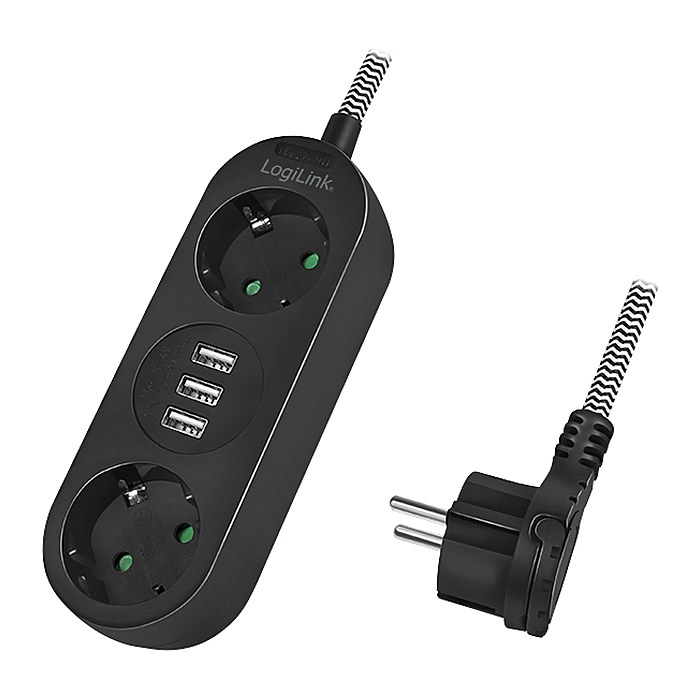 Logilink Steckdosenleiste 2-fach,2xCEE 7/3+3xUSB-A,Textilkab