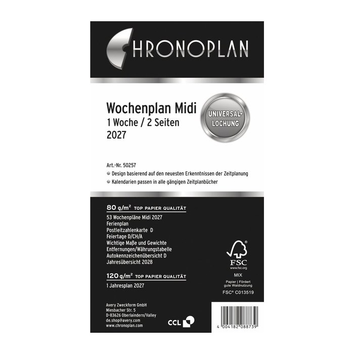 CHRONOPLAN Kalendereinlage 2027 Wochenplan Midi (9,6 x 17,2 cm)