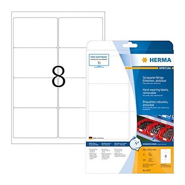HERMA wetterfeste Folienetiketten 4575 weiß 99,1 x 67,7 mm, 20 Blatt