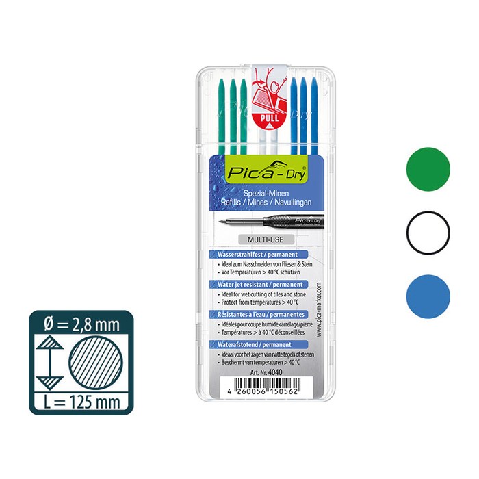 Pica Dry Wasserstrahl 4040 Ersatzminen für Tieflochmarker-Bleistift farbsortiert 2,8 mm, 8 St.