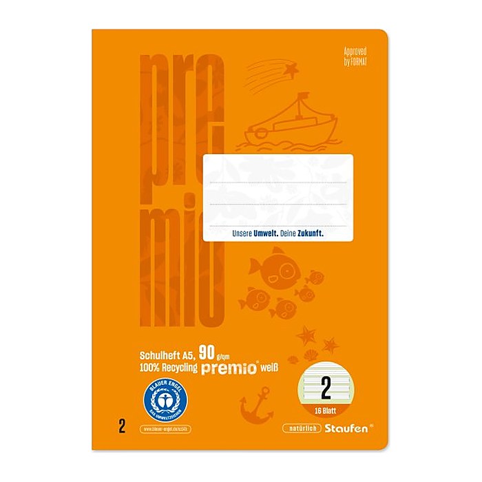 Staufen® Schulheft Premio Lineatur 2 liniert DIN A5 ohne Rand, 16 Blatt, 1 St.