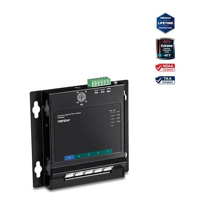 TRENDnet Industrial Switch 5-Port Gbit PoE+ WallM. FrontAcc