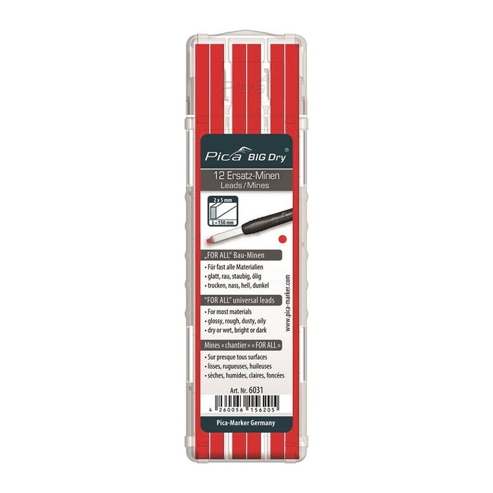 Pica Big Dry For All 6031 Bleistiftminen für Zimmermannsbleistift mit Druckmechanismus rot 2B 2,0 - 5,0 mm, 12 St.
