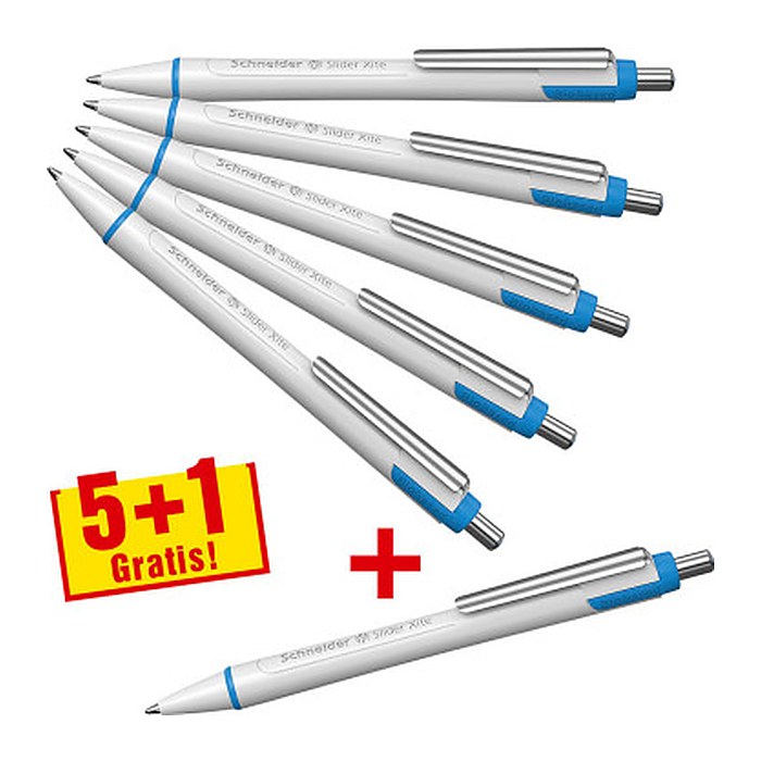 5 + 1 GRATIS: Schneider Kugelschreiber Slider Xite weiß, Schreibfarbe: blau, 5 St. + GRATIS 1 St.