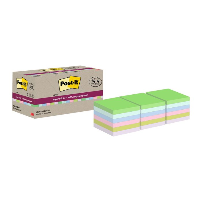 Post-it® Super Sticky Recycling Notes Haftnotizen extrastark farbsortiert, 18 Blöcke