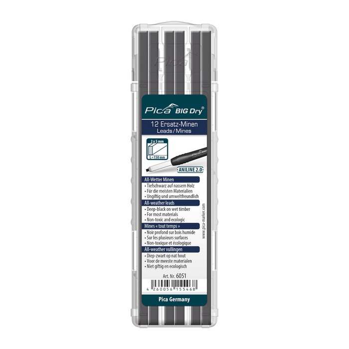 Pica Big Dry All Wetter 6051 Ersatzminen für Tieflochmarker-Bleistift grau 2B 2,0 - 5,0 mm, 12 St.