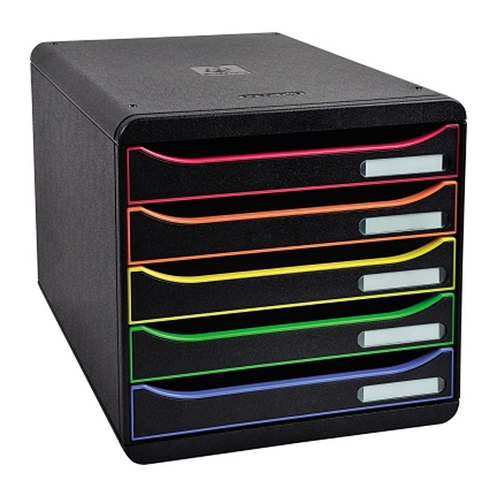 Exacompta Schubladenbox BIG-BOX PLUS schwarz mit bunten Farblinien 309914D, DIN A4 mit 5 Schubladen, 1 St.