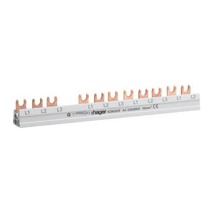hager Phasenschiene KDN363F, 4-polig Gabelschiene 63 A 10,0 mm², für 12 Module, 1 St.