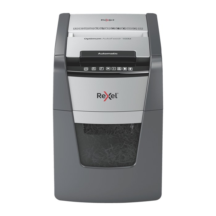 Rexel Optimum AutoFeed+ 100M Aktenvernichter mit Partikelschnitt P-5, 2 x 15 mm, bis 100 Blatt, schwarz