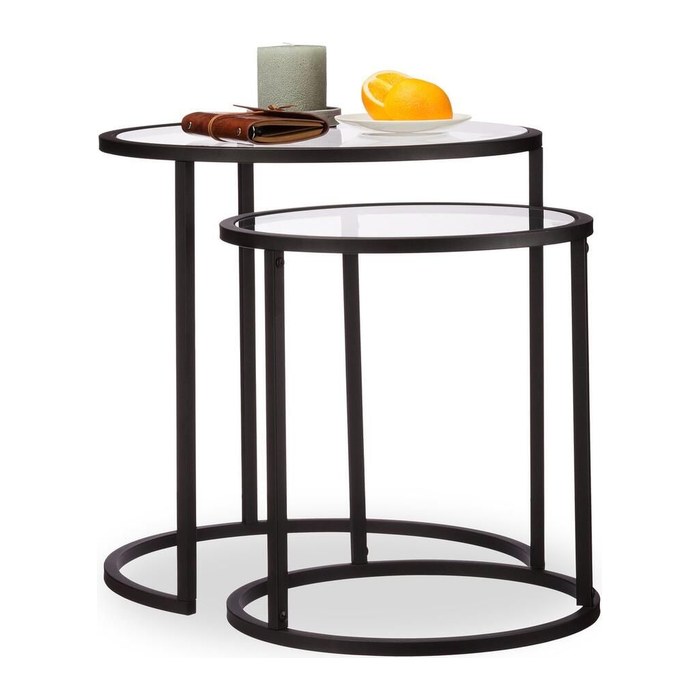 relaxdays Beistelltische-Set rund Glas schwarz, 2 St.