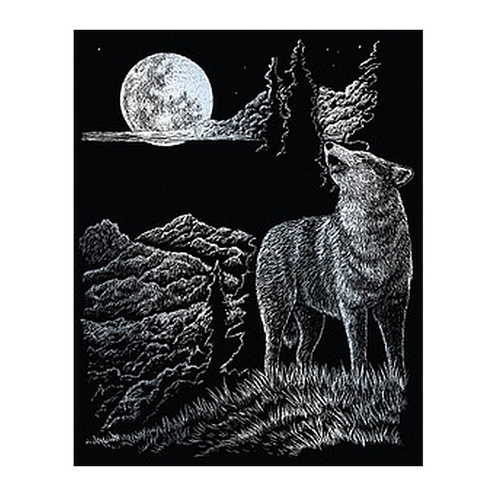 PRACHT® Creatives Kratzbild Wolf & Mond silber