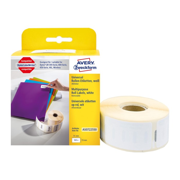 AVERY Zweckform Etikettenrolle für Etikettendrucker AS0722550 weiß, 51,0 x 19,0 mm, 1 x 500 Etiketten