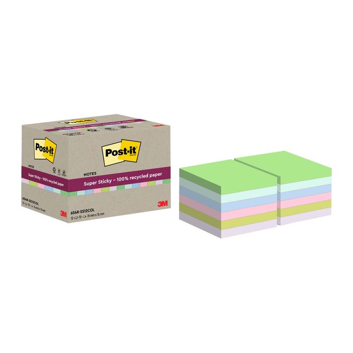 Post-it® Super Sticky Recycling Notes Haftnotizen extrastark farbsortiert, 12 Blöcke