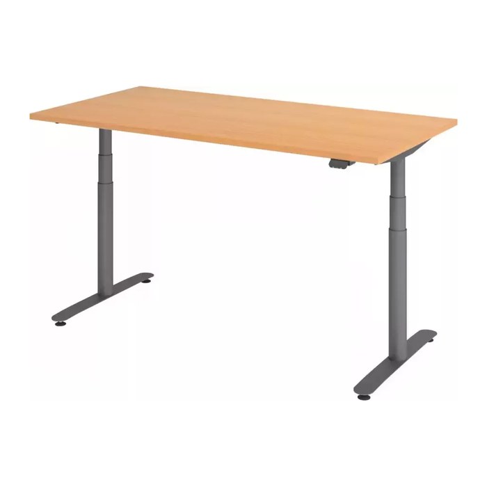 HAMMERBACHER VXDLR16 elektrisch höhenverstellbarer Schreibtisch buche rechteckig, T-Fuß-Gestell grau 160,0 x 80,0 cm