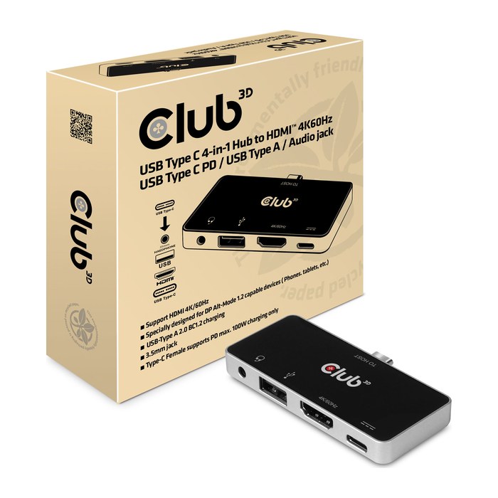 Club3D USB-C 4in1-HUB >HDMI/USB/USB-C/Audio 4K60Hz PD100W retail