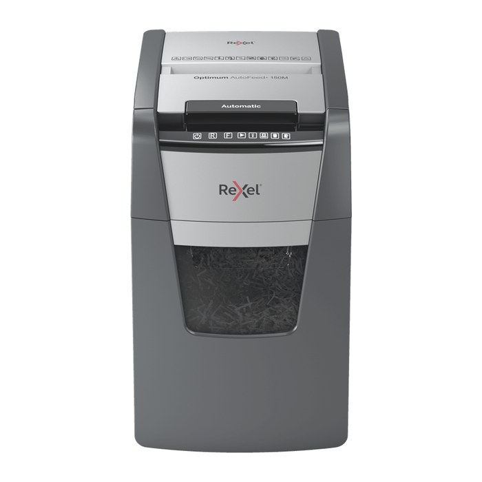 AKTION: Rexel Optimum AutoFeed+ 150M Aktenvernichter mit Partikelschnitt P-5, 2 x 15 mm, bis 150 Blatt, schwarz mit 45 Euro CashBack