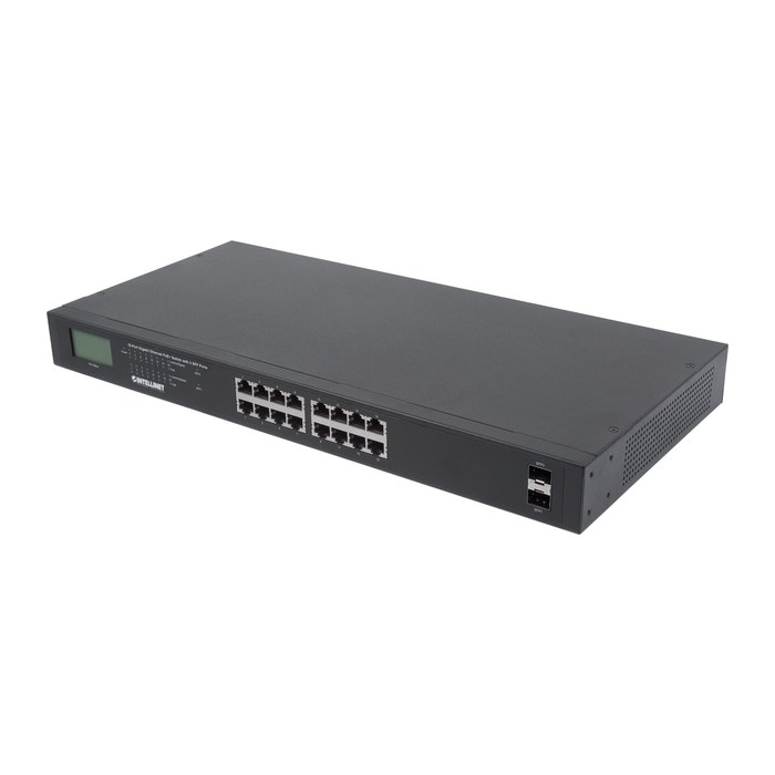 INTELLINET Switch 16-Port Gigabit PoE+ LCD-Anzeige 19" 2xSFP