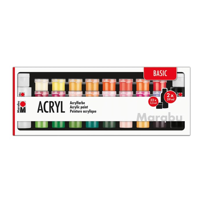 Marabu Basic Acrylfarben farbsortiert 32 x 3,5 und 2 x 59,0 ml, 35 St.