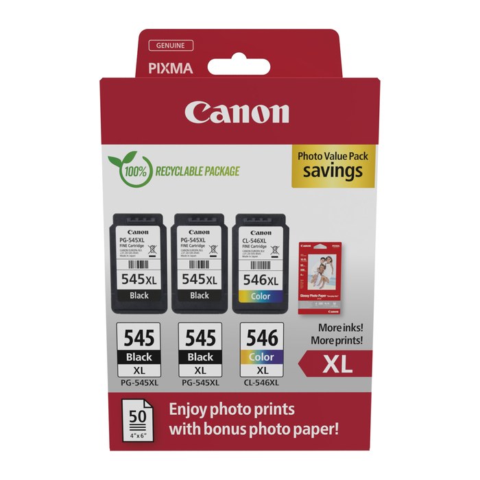 Canon PG-545XLx2/CL-546XL schwarz, color Druckköpfe + Fotopapier, 3er-Set