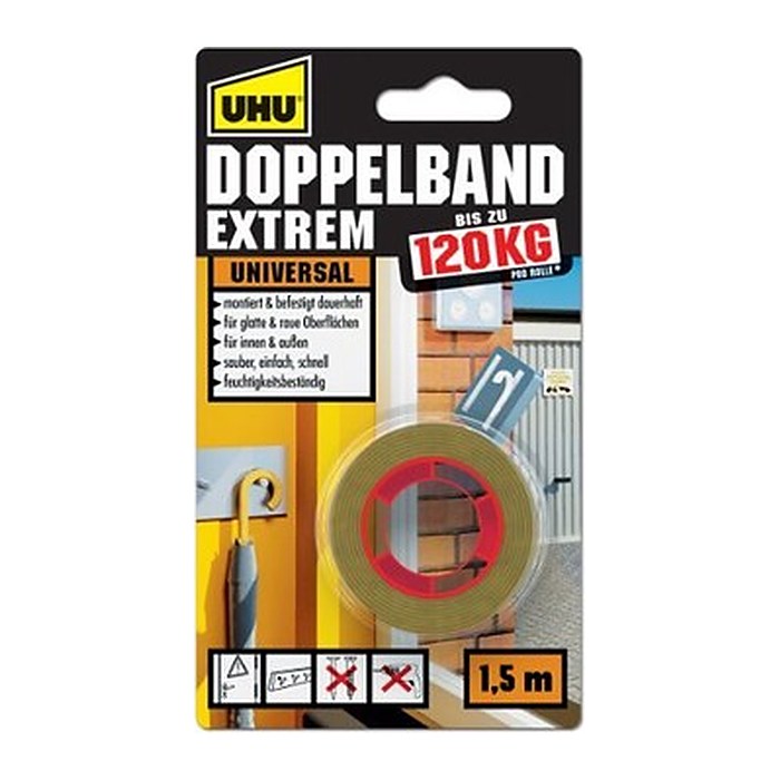 UHU EXTREM UNIVERSAL 120KG doppelseitiges Klebeband 19,0 mm x 1,5 m, 1 Rolle