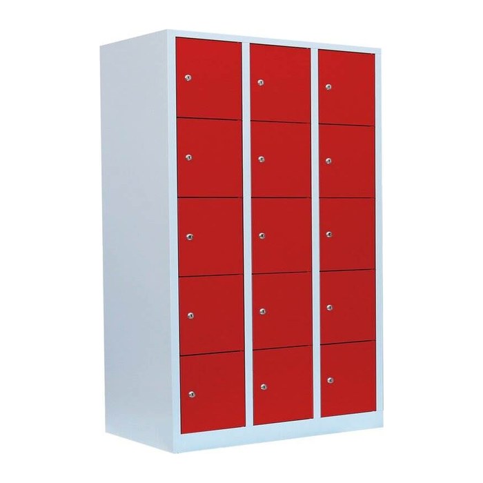LÜLLMANN Schließfachschrank lichtgrau, feuerrot 523534, 15 Schließfächer 118,5 x 50,0 x 180,0 cm