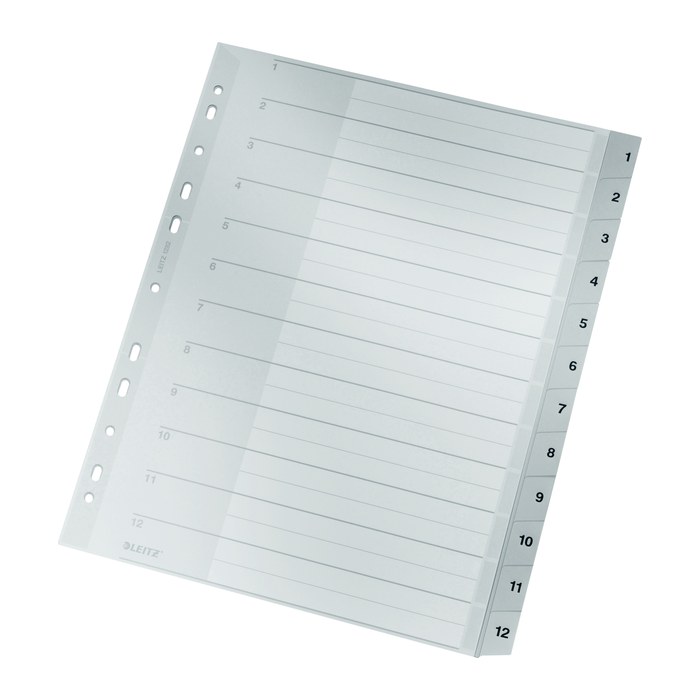 LEITZ Ordnerregister 1282 DIN A4 Vollformat, Überbreite 1-12 grau 12-teilig, 1 Satz