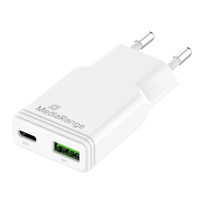 MediaRange Ladegerät 30W 2-Port 1x USB-A/1x USB-C GaN, weiß