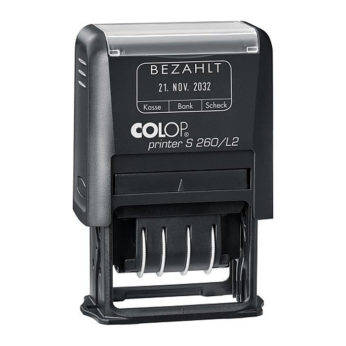 COLOP Datumstempel mit Text "Bezahlt" Printer S 260/L2 N selbstfärbend blau, rot ohne Logo, 1 St.