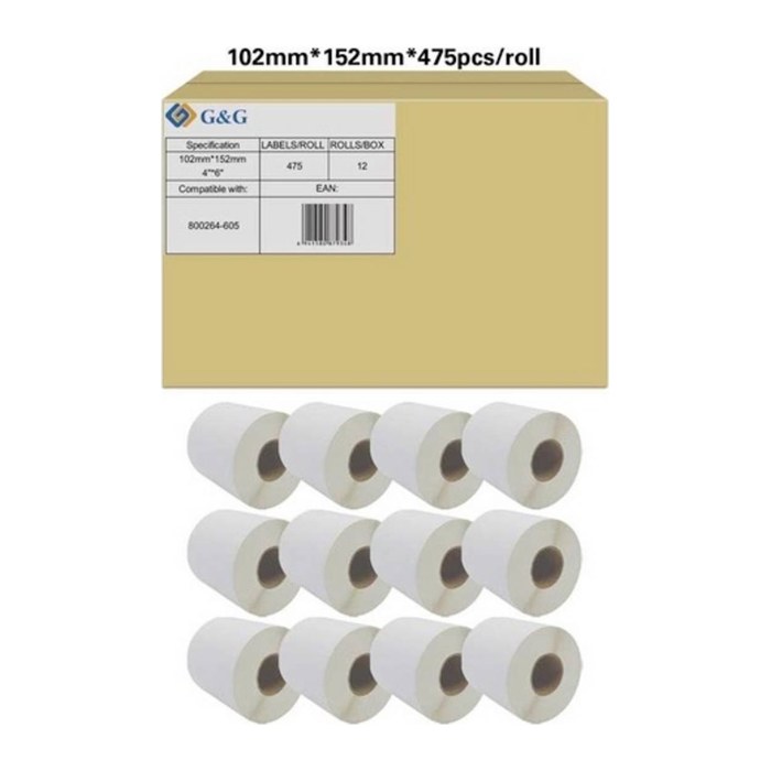 G&G Etikettenrollen für Etikettendrucker ersetzt Zebra 800264-605 weiß, 102,0 x 152,0 mm, 12 x 475 Etiketten