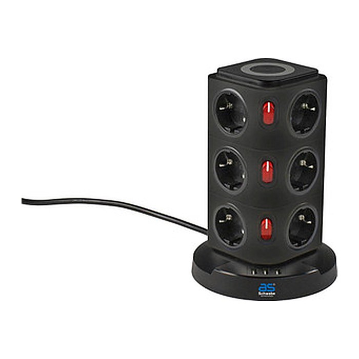 as-Schwabe QI-Wireless Ladestation 12-fach Steckdosenturm 2,0 m schwarz mit USB-Buchse
