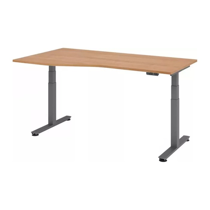 HAMMERBACHER VXDSM18 elektrisch höhenverstellbarer Schreibtisch nussbaum Trapezform, T-Fuß-Gestell grau 180,0 x 100,0 cm