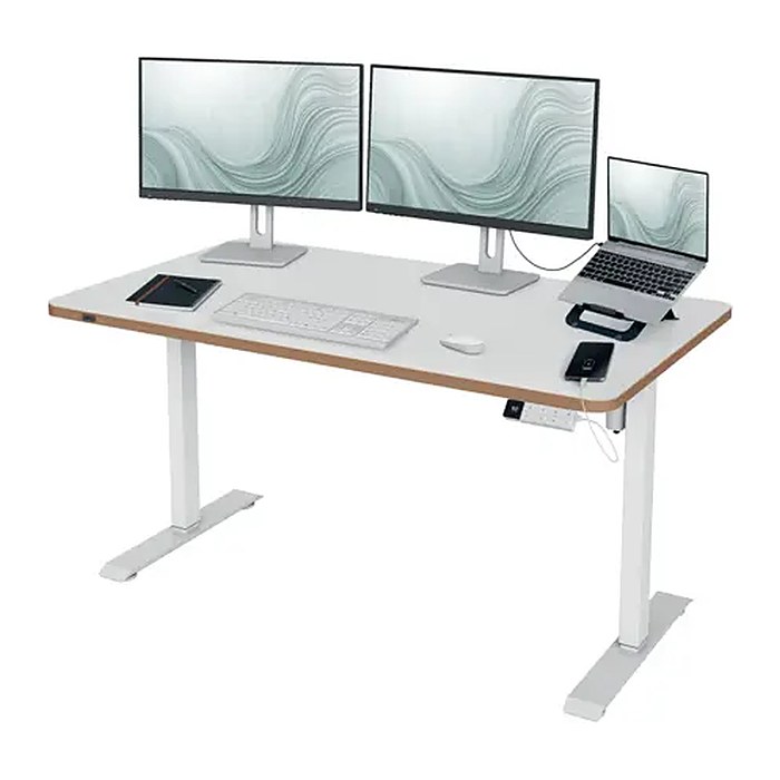 LEITZ Ergo 67730001 elektrisch höhenverstellbarer Schreibtisch weiß rechteckig abgerundet, T-Fuß-Gestell weiß 140,0 x 80,0 cm