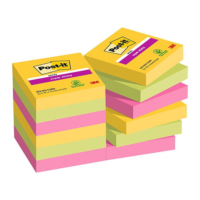 Post-it® Super Sticky Carnival Haftnotizen extrastark 654MTDR farbsortiert, 12 Blöcke